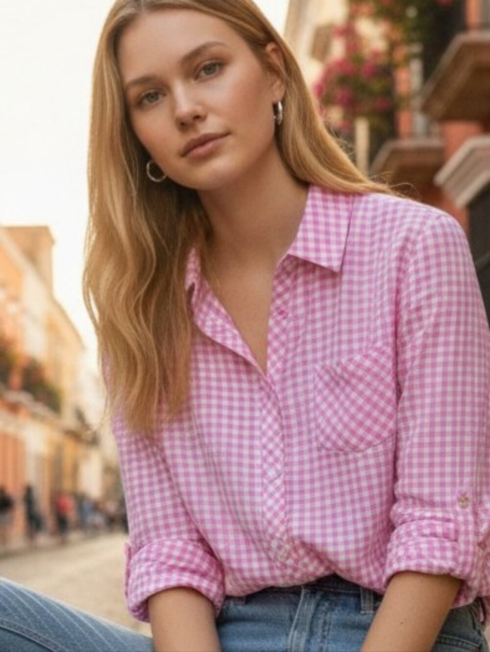 D & Co Pink Gingham Button-up Shirt 3/4 sleeve Cotton Sz 2X Cottagecore Summer